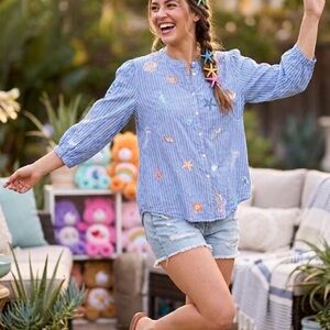 Johnny Was Portia Seaside Embroidered Blue Pinstripe Tunic  Puff Sleeves size Lg